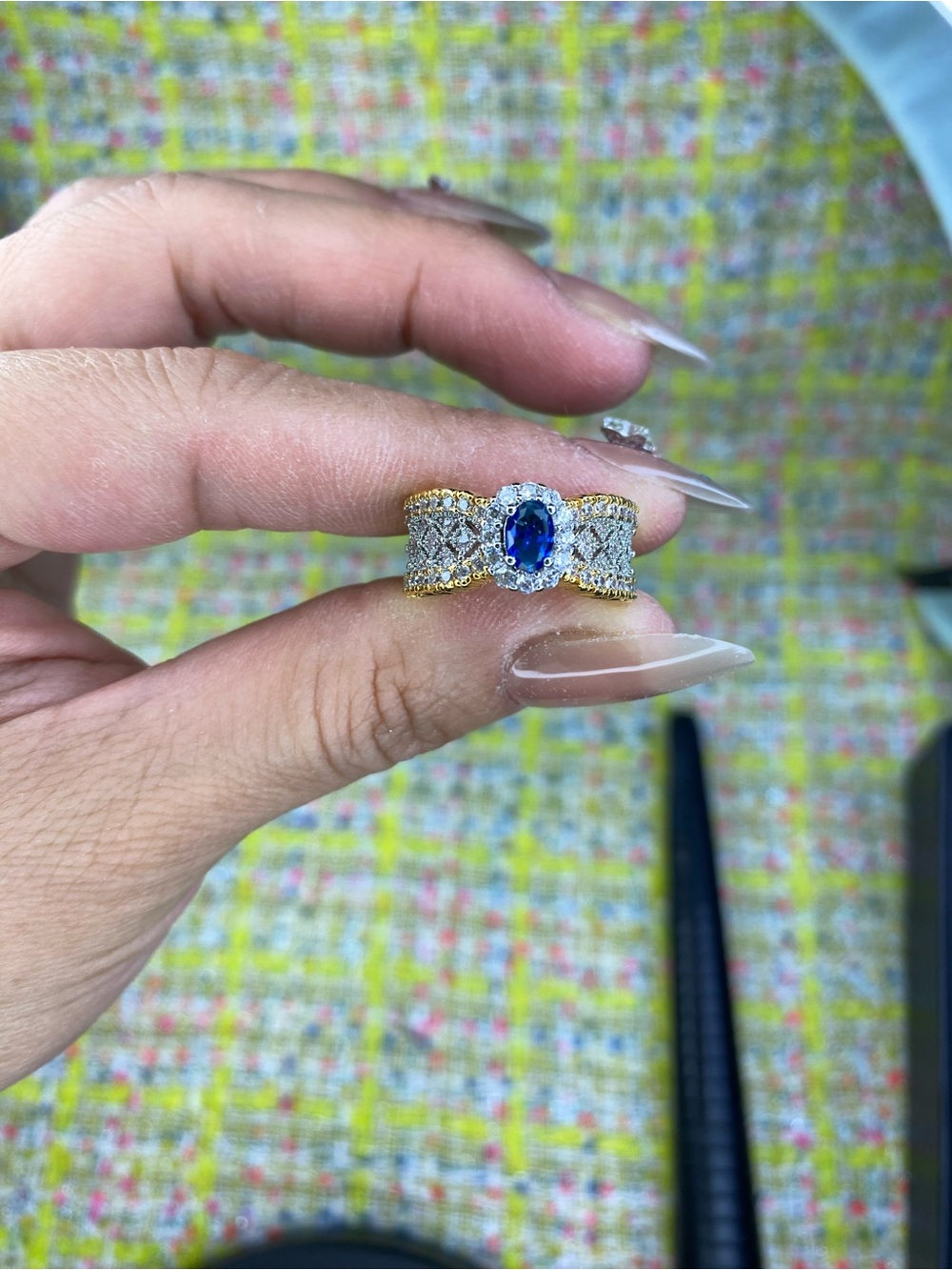 AA great Gold Halo Sapphire and Diamond Accent Ring open size 5 to 13